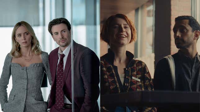Emily Blunt and Chris Evans in Pain Hustlers; Jessie Buckley and Riz Ahmed in Fingernails