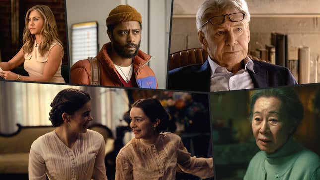 Clockwise from bottom left: Hailee Steinfeld and Ella Hunt in Dickinson, Jennifer Aniston in The Morning Show, LaKeith Stanfield in The Changeling, Harrison Ford in Shrinking, Youn Yuh-jung in Pachinko (Photos: Apple TV+)