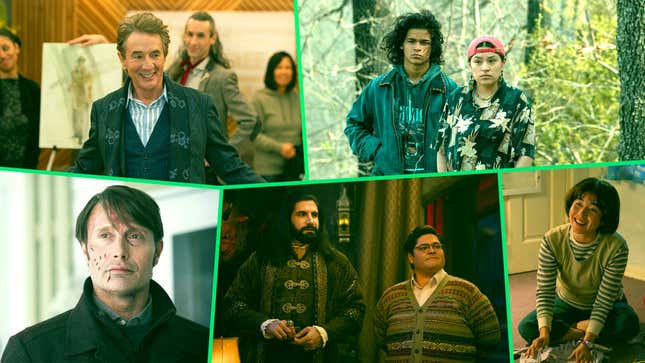 Clockwise from bottom left: Martin Short in Only Murders In The Building (Photo: Patrick Harbron/Hulu); D’Pharaoh Woo-A-Tai and Paulina Alexis in Reservation Dogs (Photo: Shane Brown/FX), Maya Erskine in Pen15 (Photo: Jessica Brooks/Hulu), Kayvan Novak and Harvey Guillén in What We Do In The Shadows (Photo: Russ Martin/FX), Mads Mikkelsen in Hannibal (Photo: NBC) 