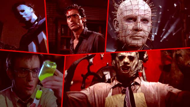 Clockwise from top left: Halloween (Compass International Pictures); Evil Dead 2 (Rosebud Releasing Corporation); Hellbound: Hellraiser II (New World Pictures); The Texas Chain Saw Massacre (Bryanston Distrbuting); Re-Animator (Empire Pictures) (Screenshots: YouTube)